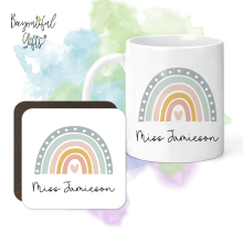 Personalised Teacher Mug & Coaster Set - Cute Simple Boho Rainbow