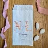 Personalised Wedding Candy Bags | Pink Initials Floreal | 15cm × 10cm | White | Cerimony, Bridal, Matrimony, Marriage, Party, Event