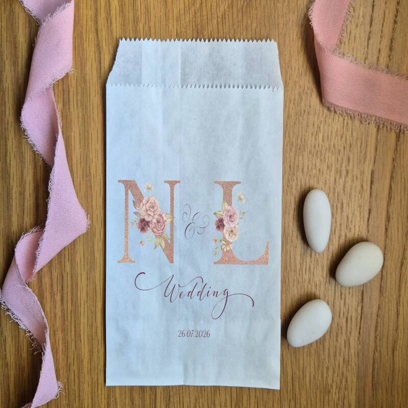 Personalised Wedding Candy Bags | Pink Initials Floreal | 15cm × 10cm | White | Cerimony, Bridal, Matrimony, Marriage, Party, Event - White - Sample (not custom)