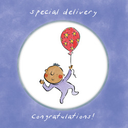Holy Mackerel Special delivery, a 15cm square new baby card featuring Rosie Brooks artwork, blank inside for your message