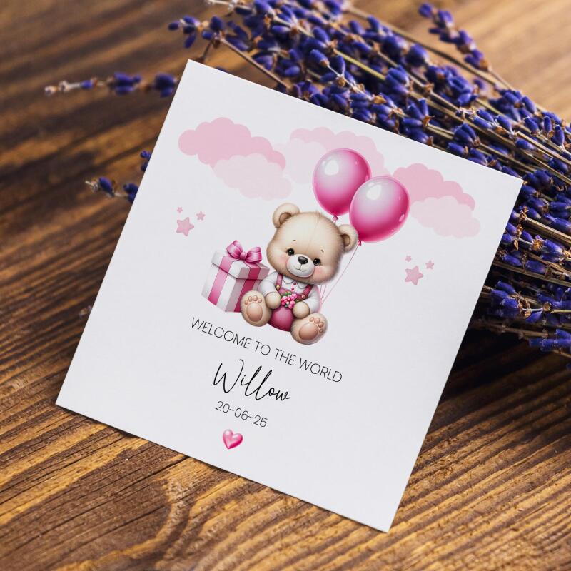 Personalised New Born Baby Girl Card Teddy Bear Birth Announcement &ndash; Pink Balloons Keepsake - Smooth No Message - Kraft Brown