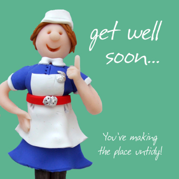 Holy Mackerel nurse themed get well soon card for him or her - designed by artist Erica Sturla - 15cm square and blank inside for your message - made in the UK