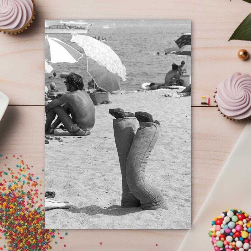 Legs in the sand - vintage black and white themed card - 12.6 x 17.7cm and blank inside - made in the UK