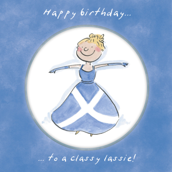 Holy Mackerel Classy Lassie, a 15cm square Scotland themed female birthday card featuring Rosie Brooks artwork, blank inside for your message