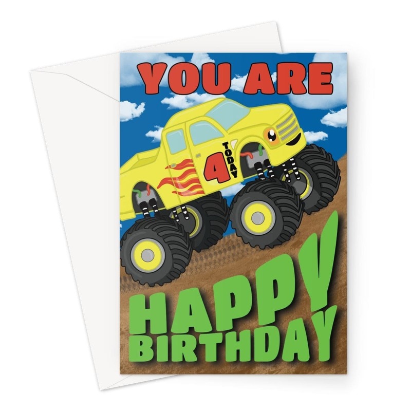 Age 4 Boys Monster Truck Birthday Card - A5 Portrait - 1 Card