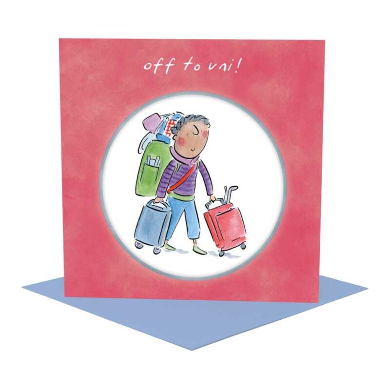 Male Off to Uni card for him - designed by Rosie Brooks - 15cm square and blank inside, made in the UK