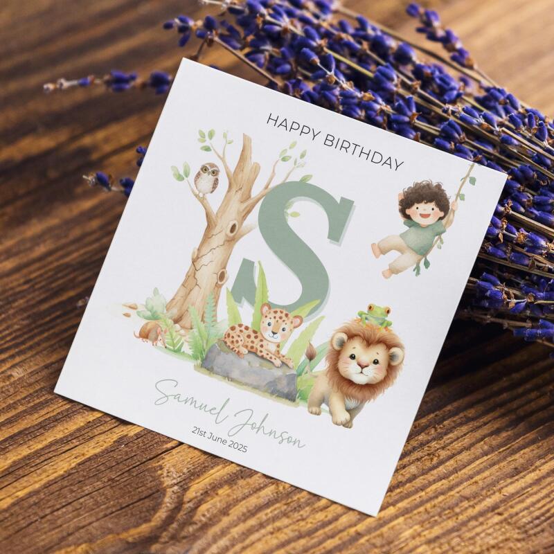Personalised Jungle Birthday Card with Safari Animals & Child Name Custom Kids Greeting Handmade - Smooth No Message - Kraft Brown