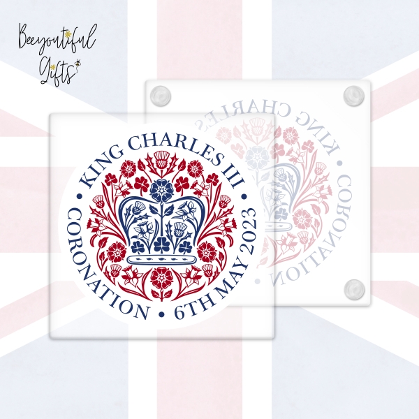 King Charles III Coronation Day May 2023 Official Emblem Glass Coaster - Red & Blue