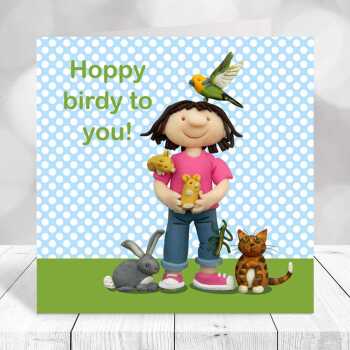Hoppy birdy to you - child's birthday card designed by Erica Sturla - 15cm square and blank inside, made in the UK
