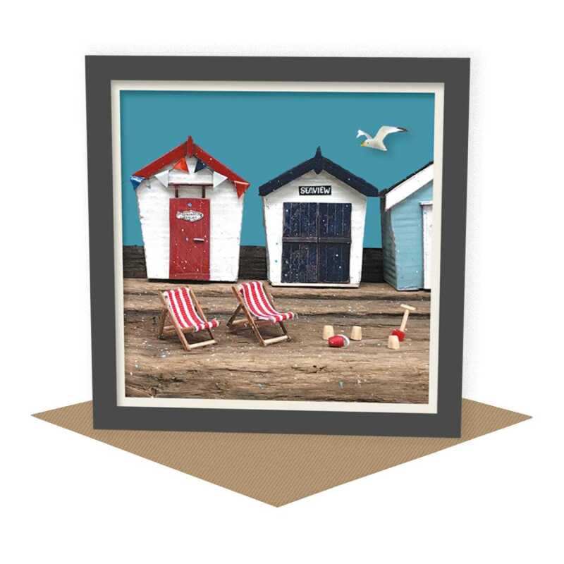 Seaview - quayside beach hut themed blank card - designed by Seth Draper - 15cm square and blank inside, made in the UK
