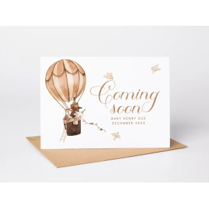 Personalised Pregnancy Announcement Card - Coming Soon Hot Air Balloon Bear - Medium (Approx. A5 | 148mm x 210mm | 5.8in x 8.3in) - Luxury Linen Textured Card