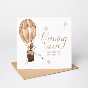 Personalised Pregnancy Announcement Card - Coming Soon Hot Air Balloon Bear