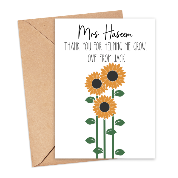 Personalised Thank You Teacher Card - Thank You For Helping Me To Grow Sunflower - Small (A6)