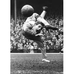 Holy Mackerel Gordon West retro black and white photographic card featuring a vintage image of the goalkeeper in action - 12.6 x 17.7cm and blank inside