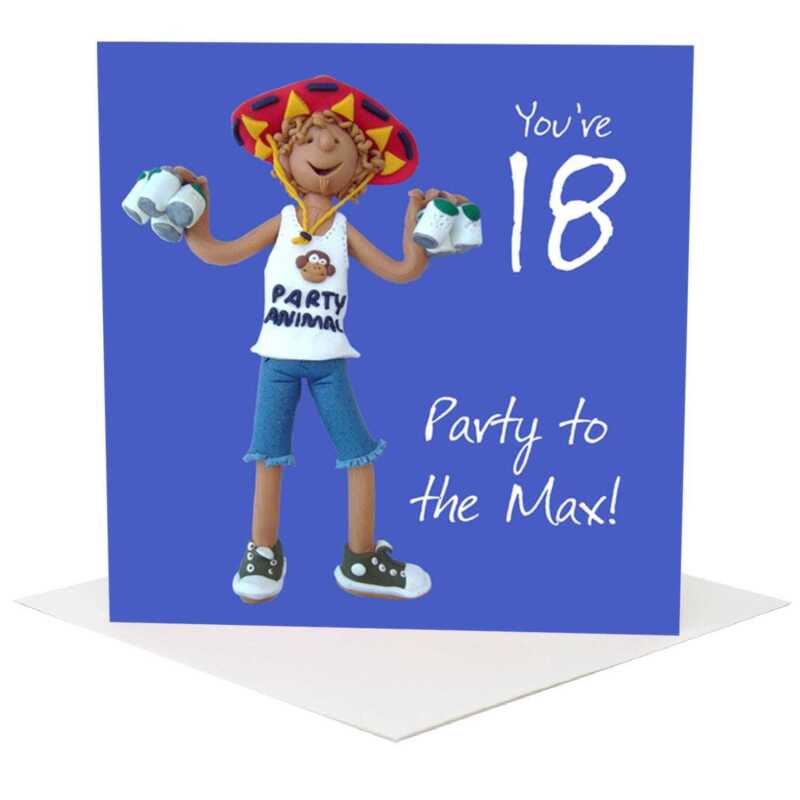 18th birthday card for him - designed by Erica Sturla - 15cm square and blank inside, made in the UK