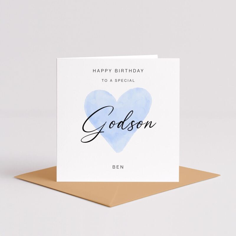 Godsons birthday card personalised blue heart design custom name handmade minimalist greeting - Smooth No Message - Kraft Brown