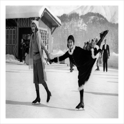Skating in St Moritz, a 127 x 175mm Alternative Image winter themed Christmas card featuring a vintage black and white photo, message inside says Happy Christmas
