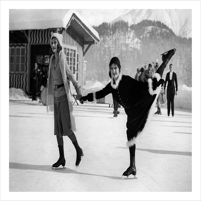 Skating in St Moritz, a 127 x 175mm Alternative Image winter themed Christmas card featuring a vintage black and white photo, message inside says Happy Christmas