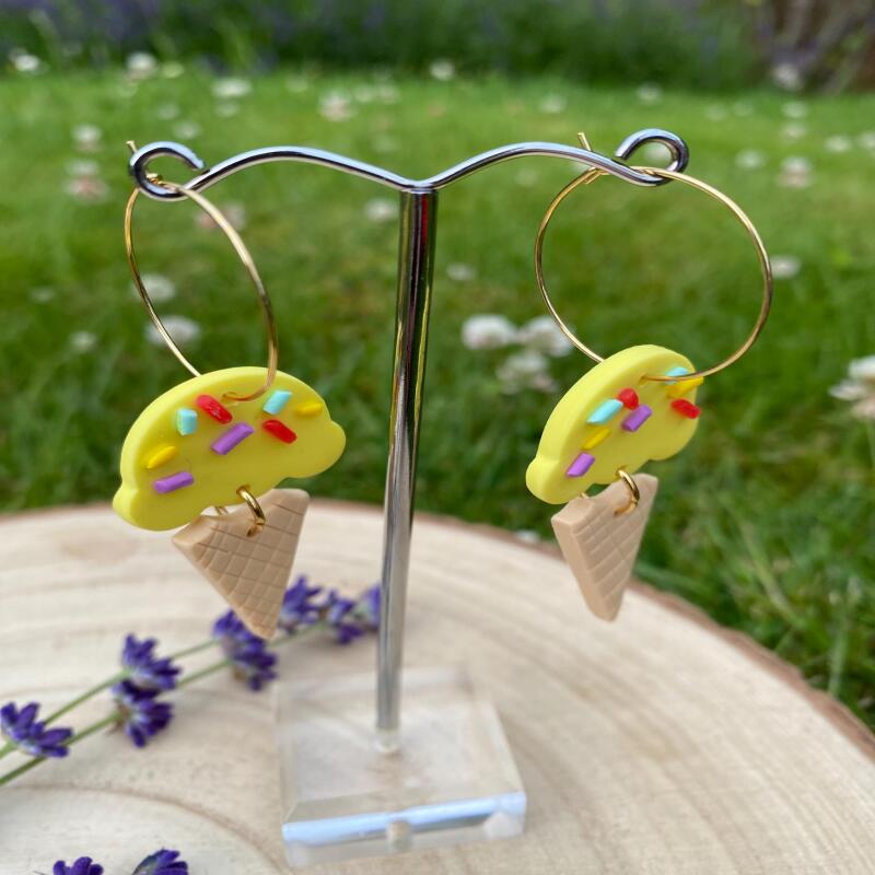 Polymer clay, Ice Cream Cone Hoop Earrings: Fun Summer Jewelry - silver