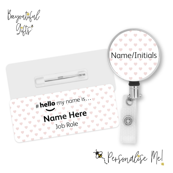 #hello my name is... Name Badge & Metal ID Reel - Pastel Pink Hearts