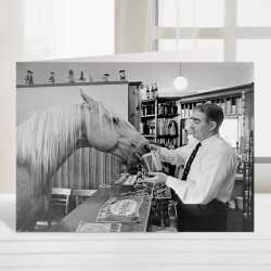 Why the long face, vintage photographic black and white horse in pub themed card  - 12.6 x 17.7cm and blank inside - made in the UK