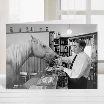 Why the long face, vintage photographic black and white horse in pub themed card  - 12.6 x 17.7cm and blank inside - made in the UK