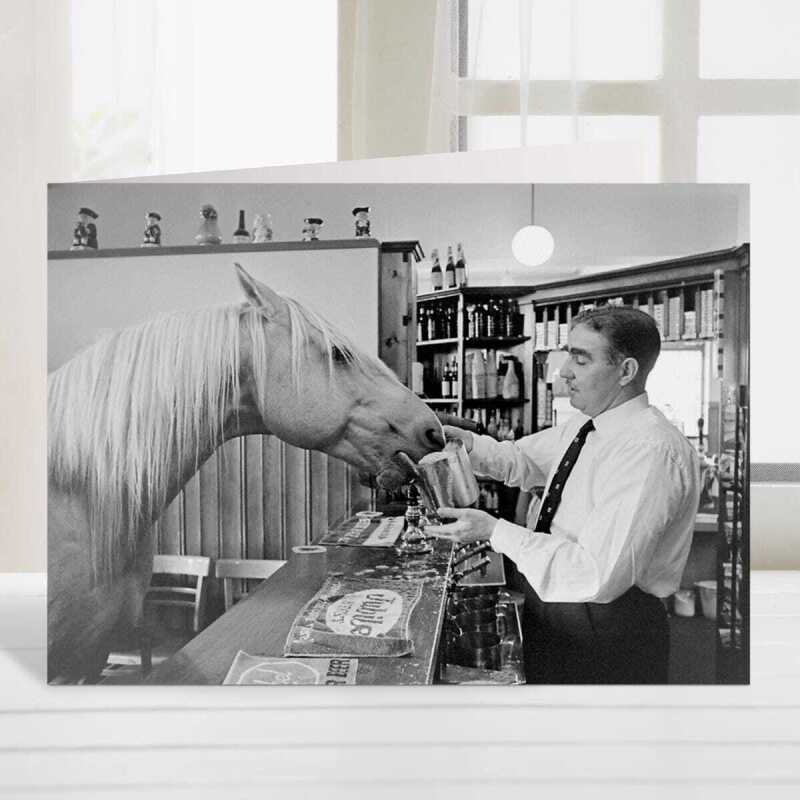 Why the long face, vintage photographic black and white horse in pub themed card  - 12.6 x 17.7cm and blank inside - made in the UK