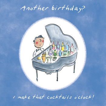 Holy Mackerel Cocktails o'clock, a piano themed Rosie Brooks birthday greetings card, 150mm square, printed in the UK on board from sustainable sources