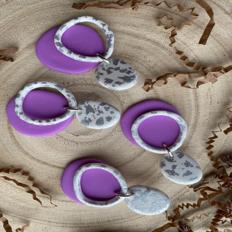 Handmade Lilac Clay Earrings: Silver Leaf Organic Circle Statement Earrings