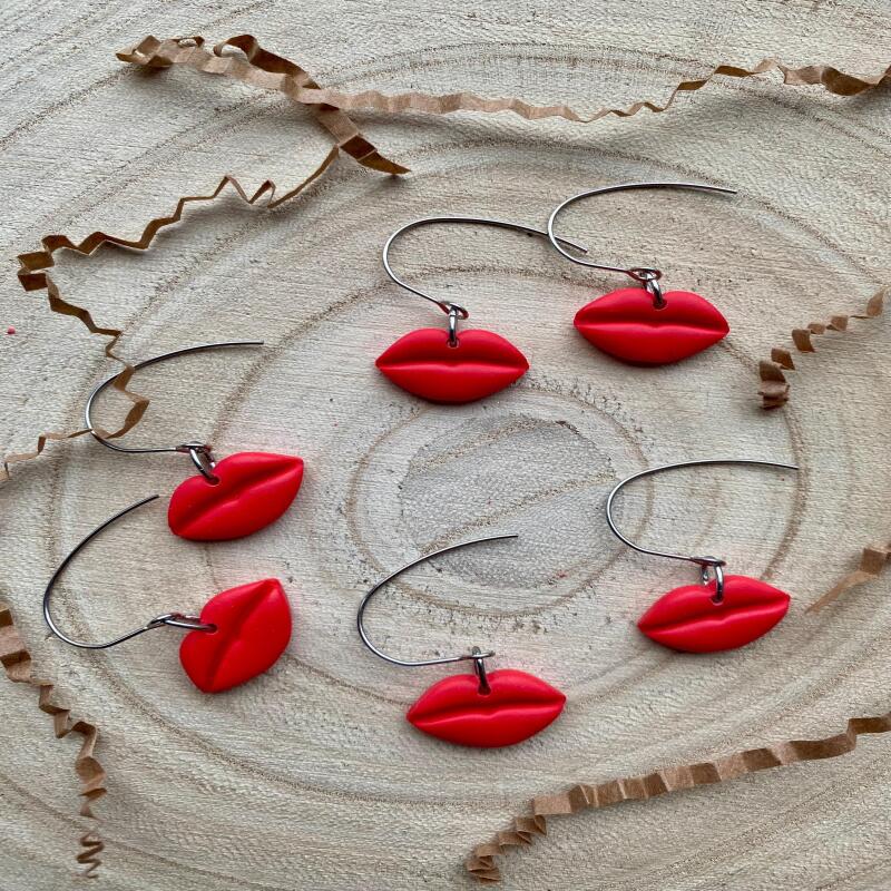 Red Lips Earrings: Handmade Polymer Clay, Surgical Steel Hooks