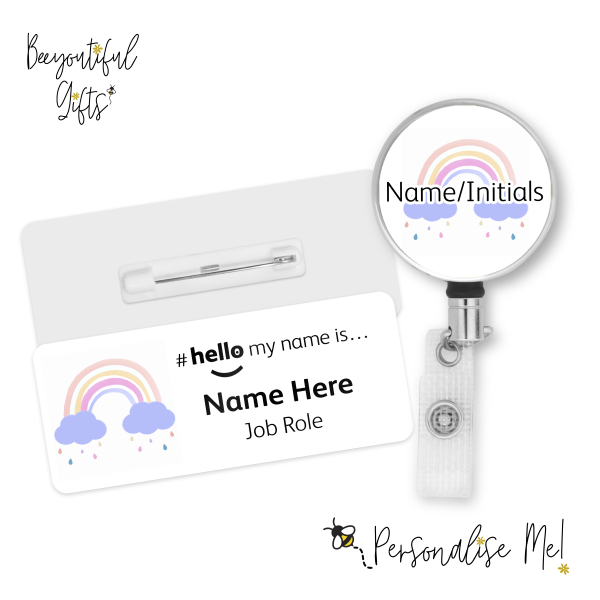 #hello my name is... Name Badge & Metal ID Reel - Pastel Rainbow Cloud