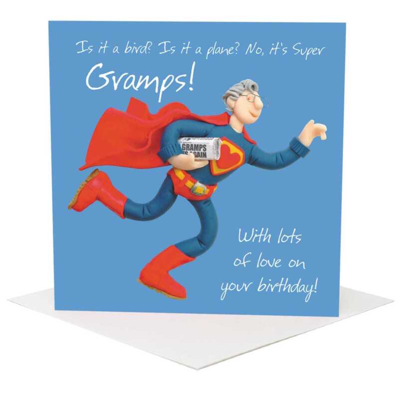 Super Gramps birthday card for a grandad - designed by Erica Sturla - 15cm square and blank inside, made in the UK