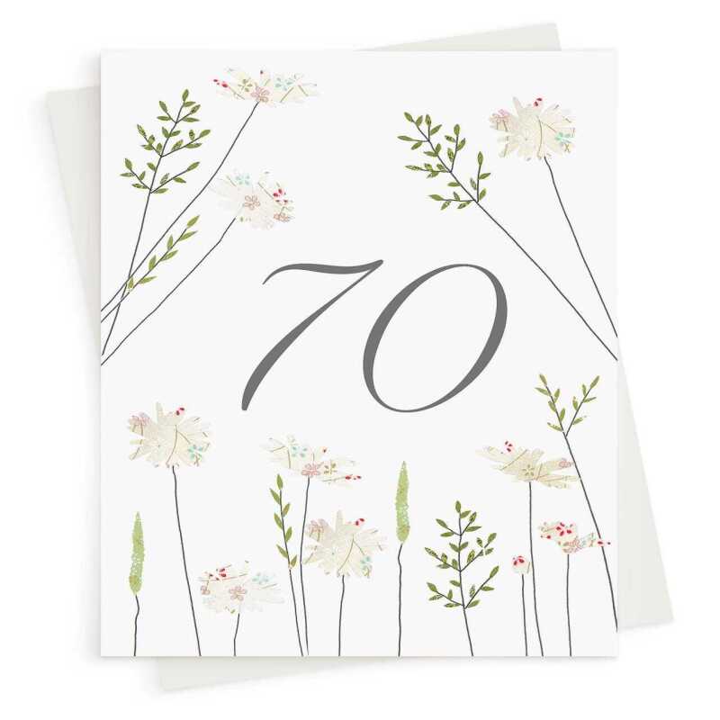 Feminine floral 70th birthday greeting card -  designed by Eloise Hall - 15.7 x 11cm and blank inside, made in the UK
