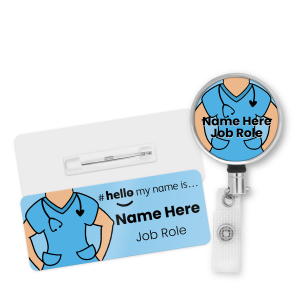 Name Badge & Metal ID Reel - Blue Scrubs Hello My Name is... - Skin Tone 2