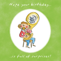 Holy Mackerel Full of surprises (female), a tuba themed Rosie Brooks birthday greetings card, 150mm square, printed in the UK on board from sustainable sources