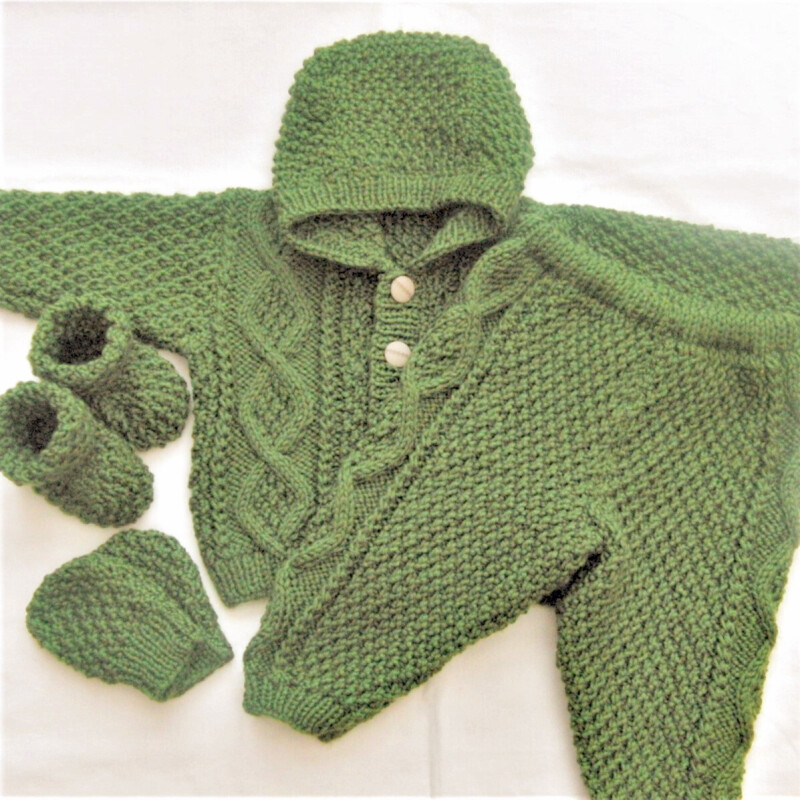 Baby's Hand Knitted 4 Piece Pram Suit - Age 0 - 3 mths - Chest 16 ins -  £27.50