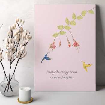 Fuchsias and hummingbirds daughter birthday card -  designed by Eloise Hall for Holy Mackerel - 15.7 x 11cm and blank inside, made in the UK