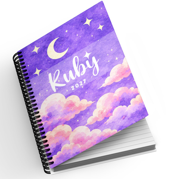A5 Personalised Spiral Bound Diary - Watercolour Moon Clouds | Yearly | Academic | Appointment - Standard 2027