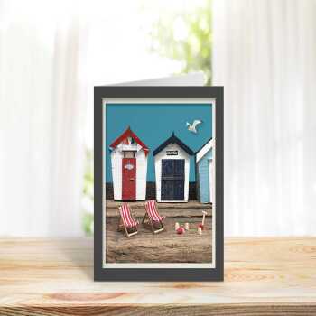 Seaview - quayside beach hut themed blank card - designed by Seth Draper - 15cm square and blank inside, made in the UK