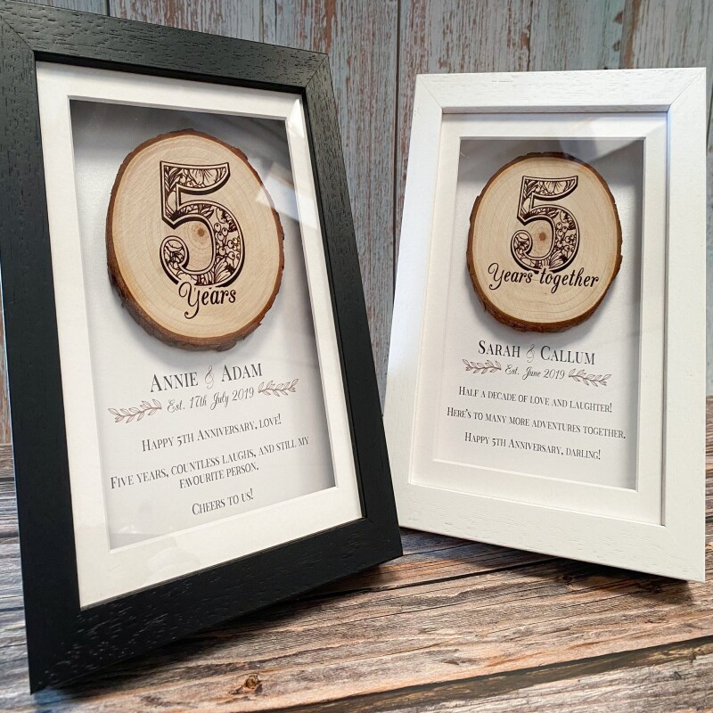 5th anniversary gift - wood. 5th wedding anniversary gift. Personalised 5 year anniversary gift for wife or husband. Fifth anniversary. - White frame