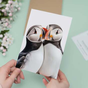 Anniversary Card – Cute Puffins Nuzzling, Romantic Card for Husband, Wife, Boyfriend or Girlfriend