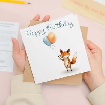 Birthday Card for Child Birthday Card For Kids Birthday Card For Her or Him Cute Fox Birthday Card With Birthday Balloons For Boy or Girl