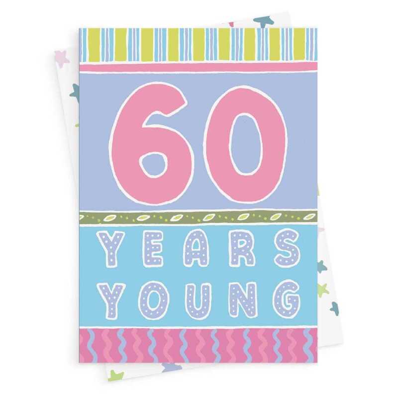 60 years young, a bright and fun 60th birthday card with a gorgeous printed envelope - 12 x 17cm and blank inside - made in the UK