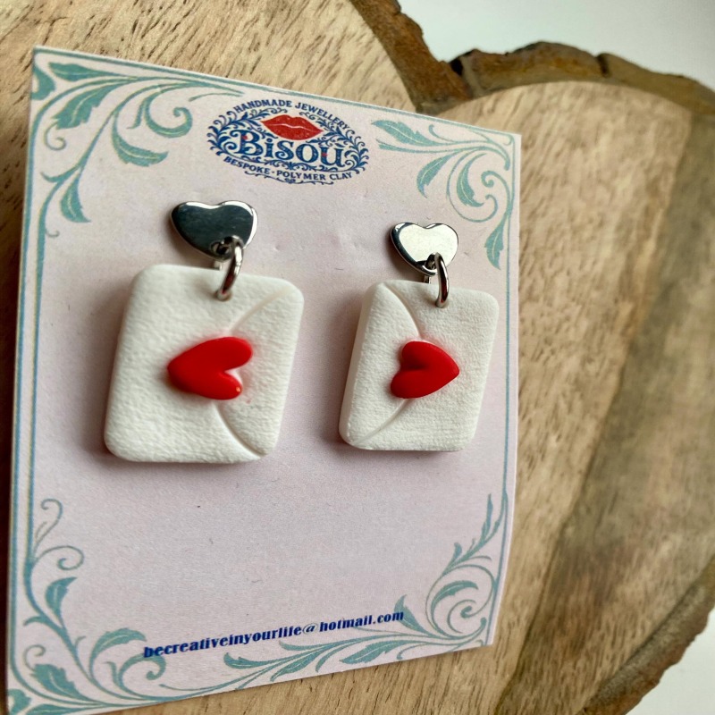 Heart Envelope Dangle Earrings | Handmade Polymer Clay Love Letter - silver