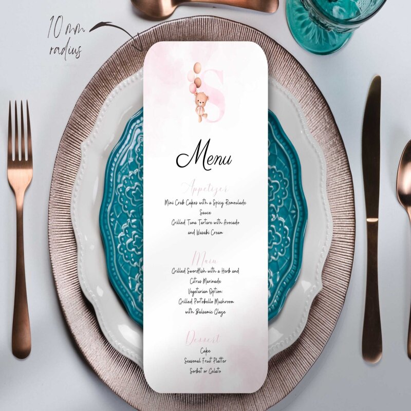 Printed Menu Event for Girl Personalised with Initial and Courses | Teddy Bear | Party, Birthday, Baby Shower, Baptism, Communion - Squared - Sample (not custom)