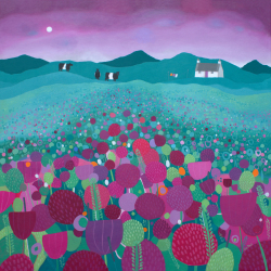 Holy Mackerel underneath a purple sky landscape themed art card for him or her - designed by artist Ailsa Black - 15cm square and blank inside for your message