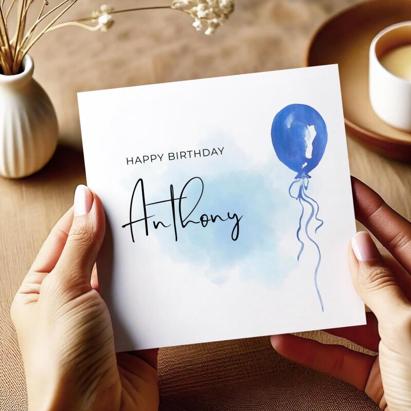 Birthday blue balloon card personalised design custom name script soft handmade greeting - Smooth No Message - Kraft Brown