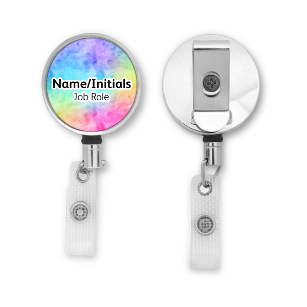 Personalised Metal ID Reel - Rainbow Watercolour Background