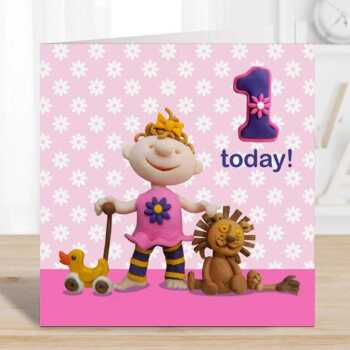 Birthday girl age 1 with lion - child's age birthday - designed by Erica Sturla - 15cm square and blank inside, made in the UK