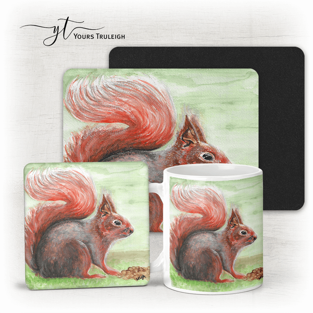 Squirrel - Ceramic Mug, Hardboard Coaster & Placemat Set - Red Squirrel
